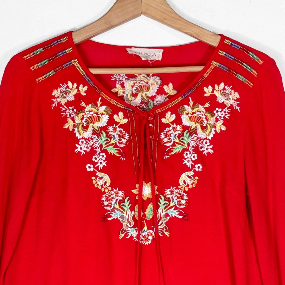 Luna Moon Floral Embroidered Boho Peasant Blouse Top Womens S Lightweight Flowy